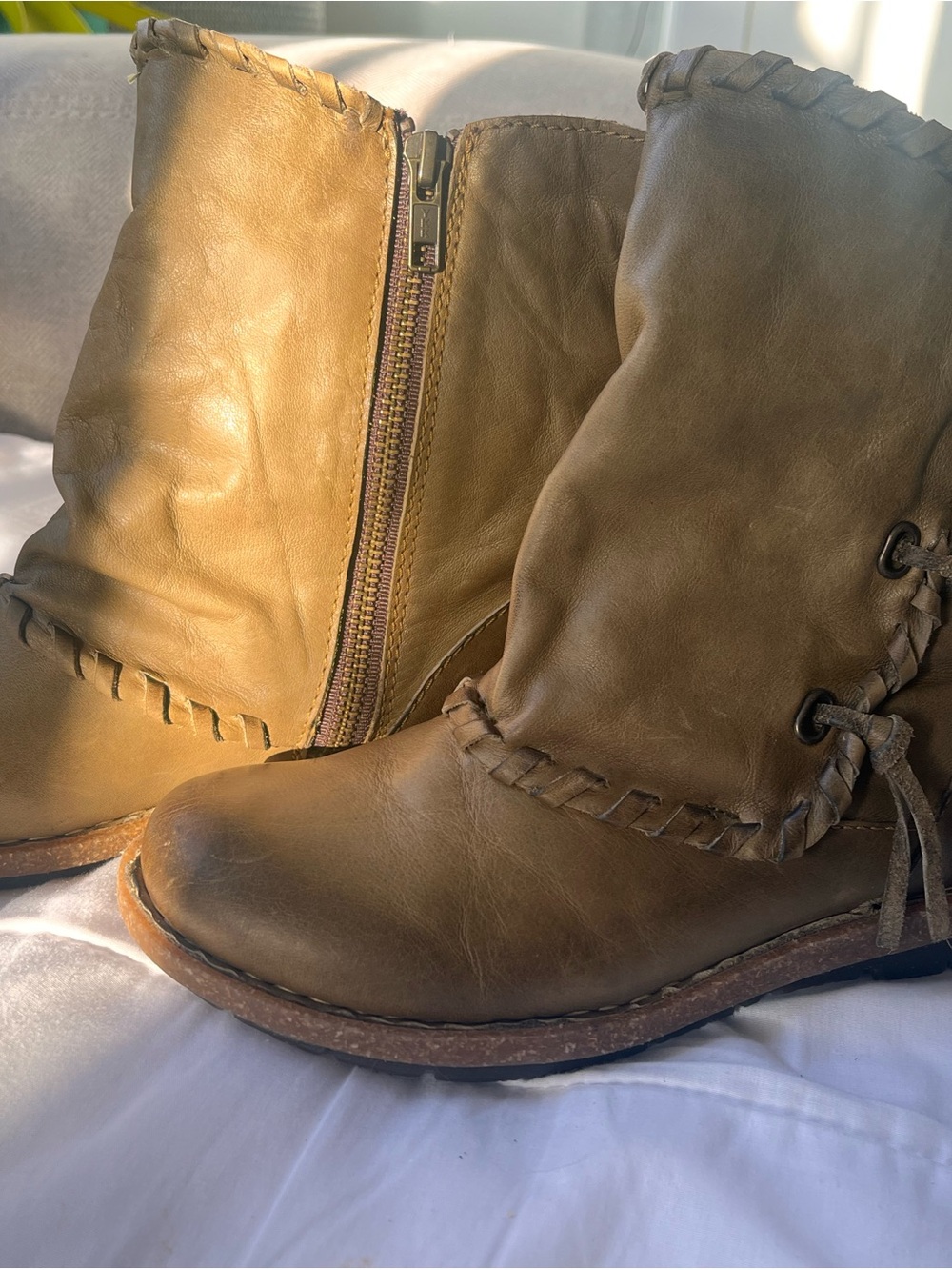 Born Taupe/Brown Leather Braided Ankle Boots